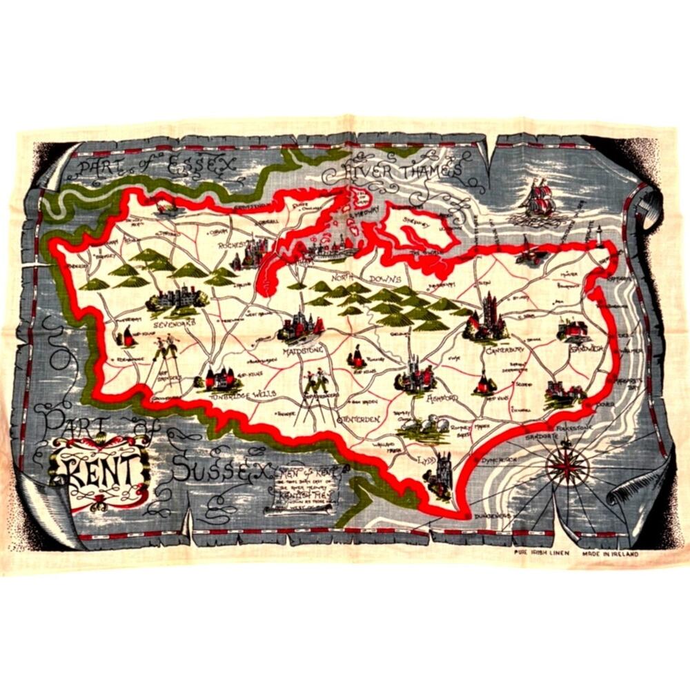 Vtg MCM Map of Kent, England, Linen Tea Towel - Unused Circa 1960's